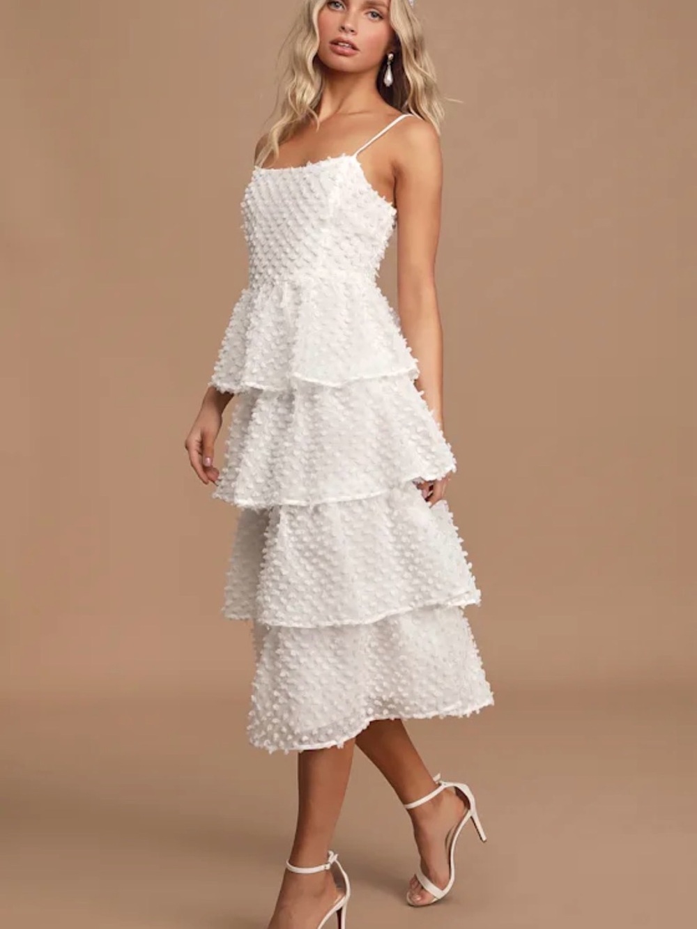 Lulus White “Flirting with You” Tiered Pom Pom Midi Dress